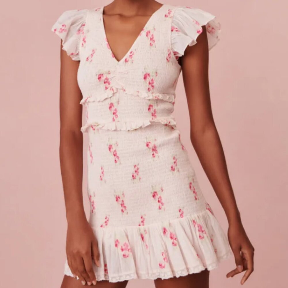 LoveShackFancy  Sonora Smocked Ruffle Mini Dress Berry Moment Print XL NWT $375